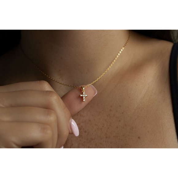 Diamond CZ Cross Necklace, Tiny Cross Necklace, Mini Cross Necklace - Picture 2 of 7